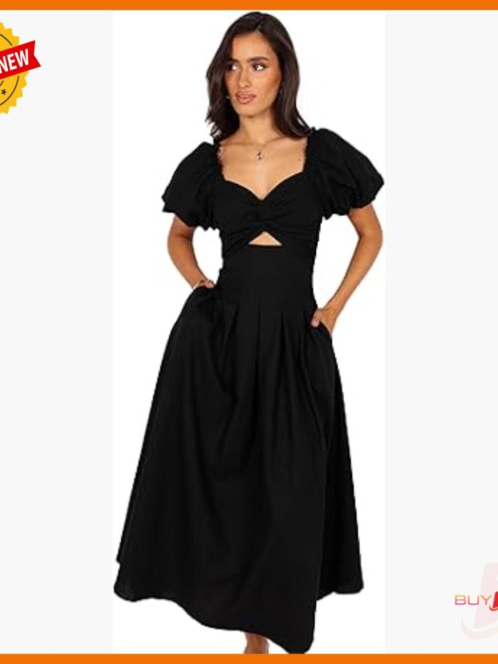 Puff Sleeve Sweetheart Neckline Midi Dress with Knotted Bust Detail